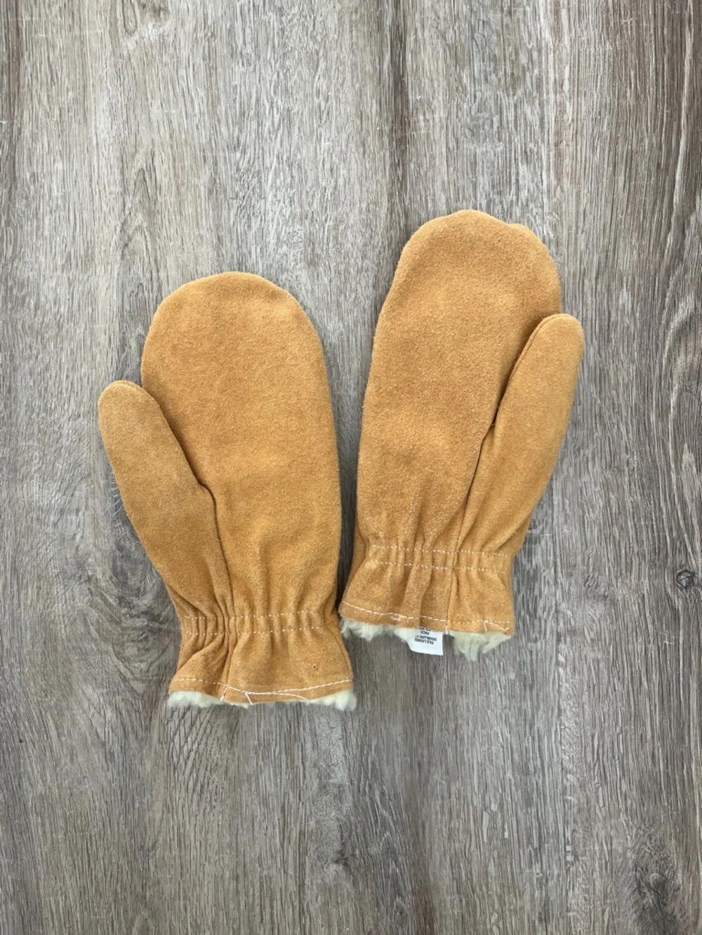 Women's Shearling-Lined Faux Suede Mittens in Camel